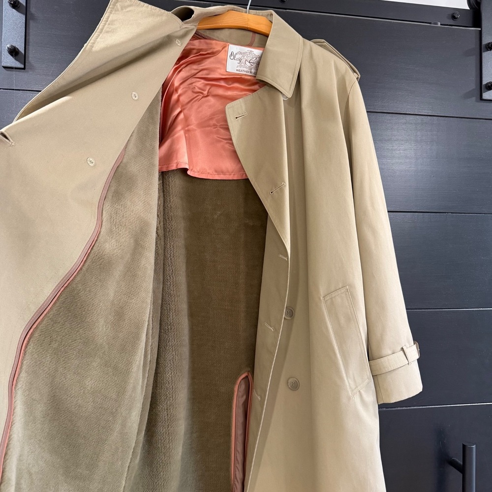 Vintage Oleg Cassini Trench Coat Men 42 L Tan Belted Lined Classic Rain Coat - Picture 4 of 13